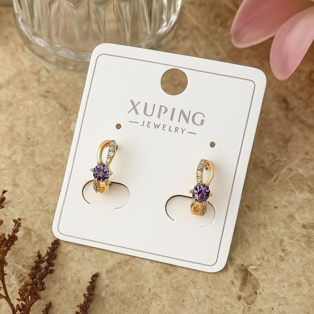 Серьги коллекция Xuping покрытие позолота вставка фианиты цвет прозрачный и фиолетовый