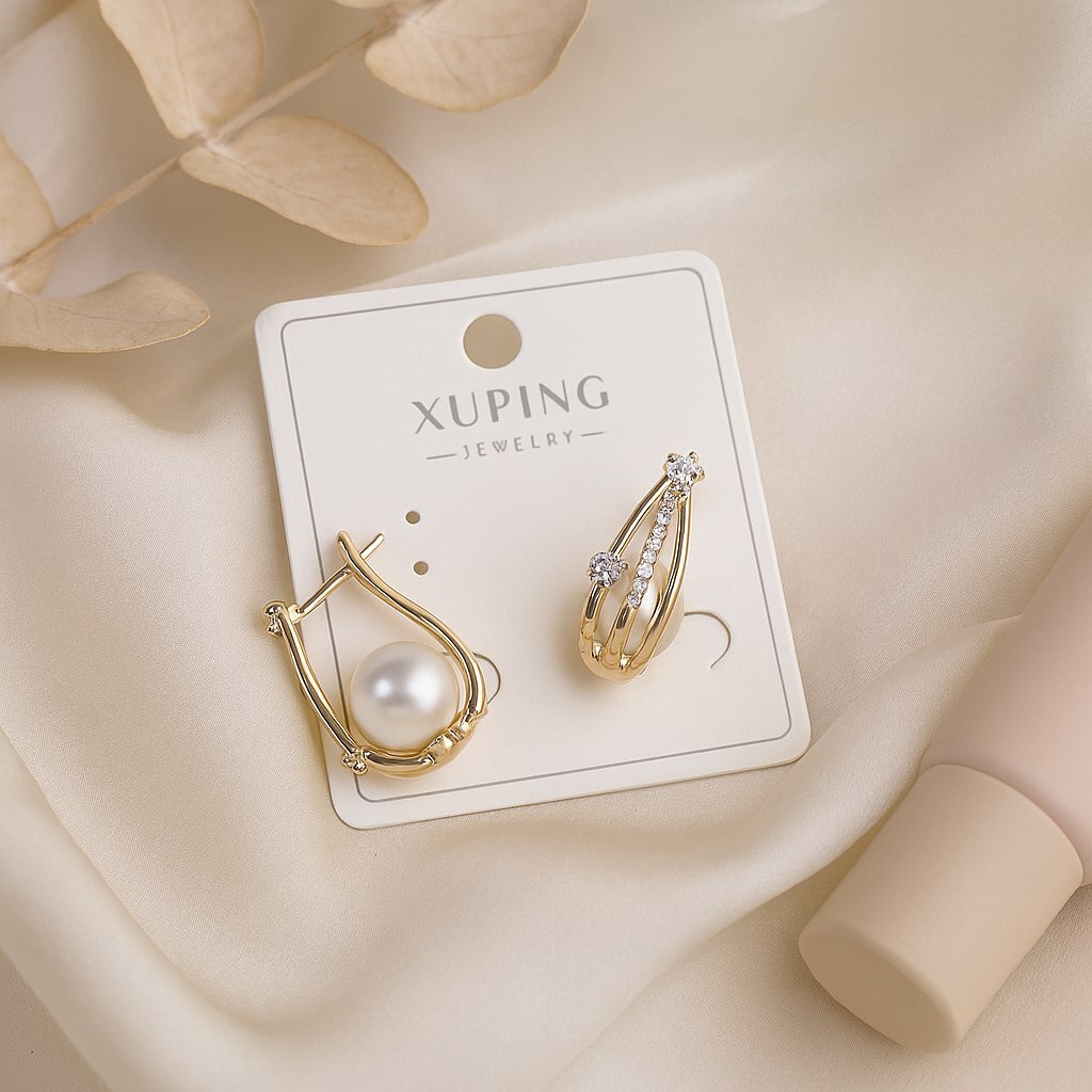 Серьги коллекция Xuping покрытие позолота вставка искусственный жемчуг и фианиты