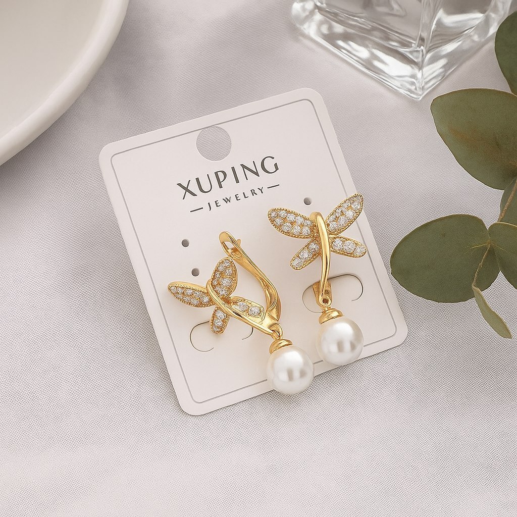 Серьги коллекция Xuping покрытие позолота вставка искусственный жемчуг и фианиты