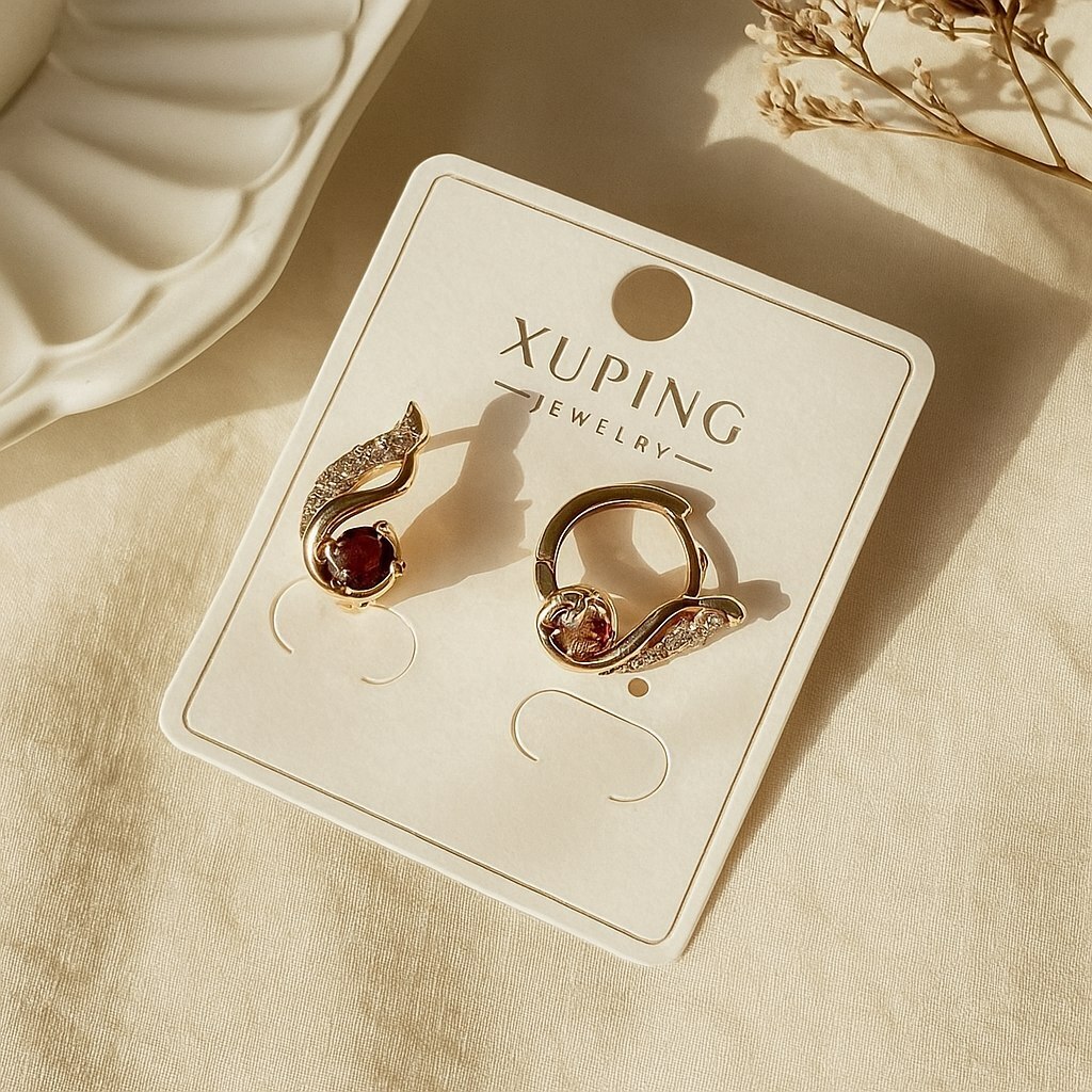 Серьги коллекция Xuping покрытие позолота вставка фианиты цвет прозрачный и красный