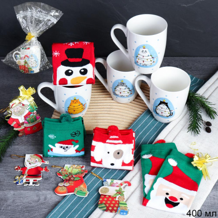 Подарочный набор Кружка 400 мл+ носки / CAT-517-mix /уп 72/ кружка новогодняя/ в подарочной упаковке