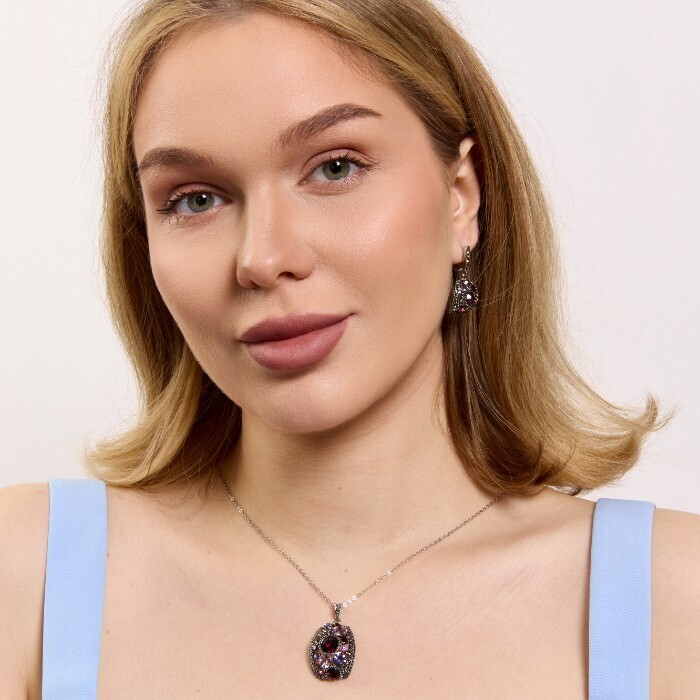 Комплект ювелирной бижутерии коллекция Дубай серьги и кулон покрытие посеребрение вставка фианиты цвет фиолетовый розовый и графитовый