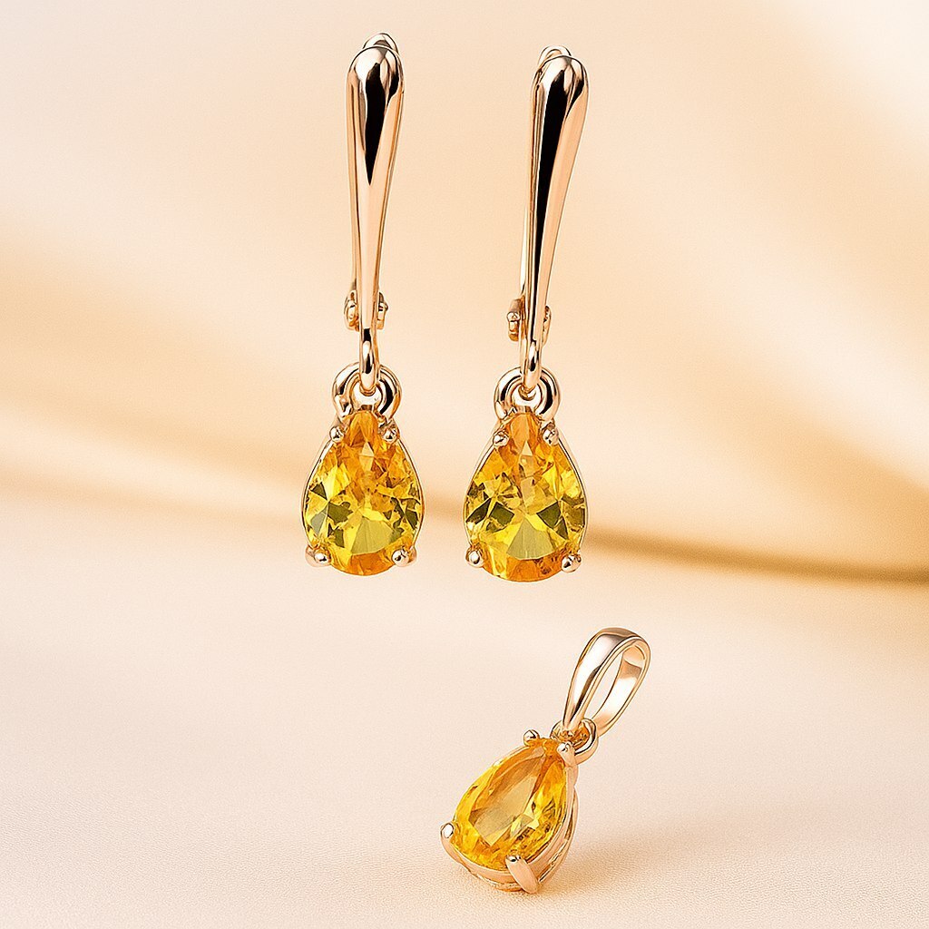 Комплект ювелирной бижутерии коллекция Дубай серьги и кулон покрытие позолота вставка фианиты цвет желтый