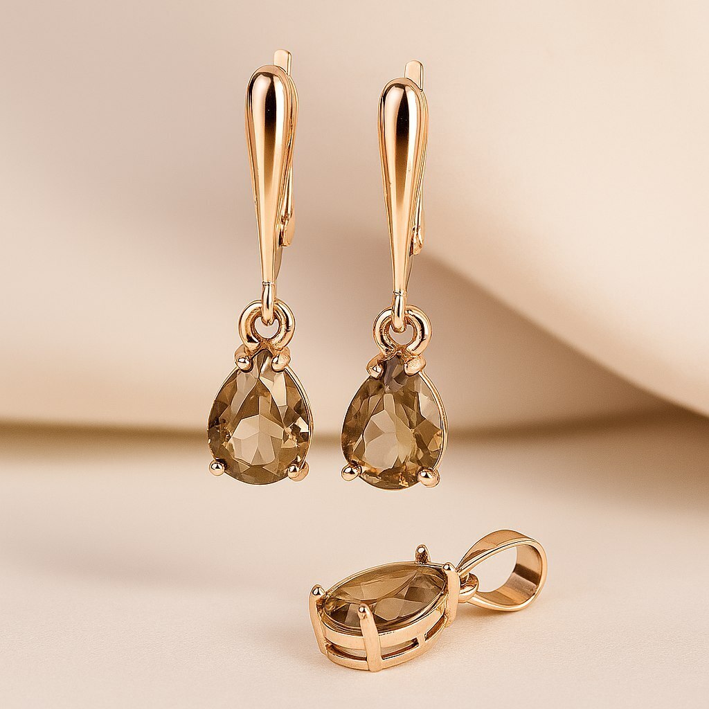 Комплект ювелирной бижутерии коллекция Дубай серьги и кулон покрытие позолота вставка фианиты цвет бежевый