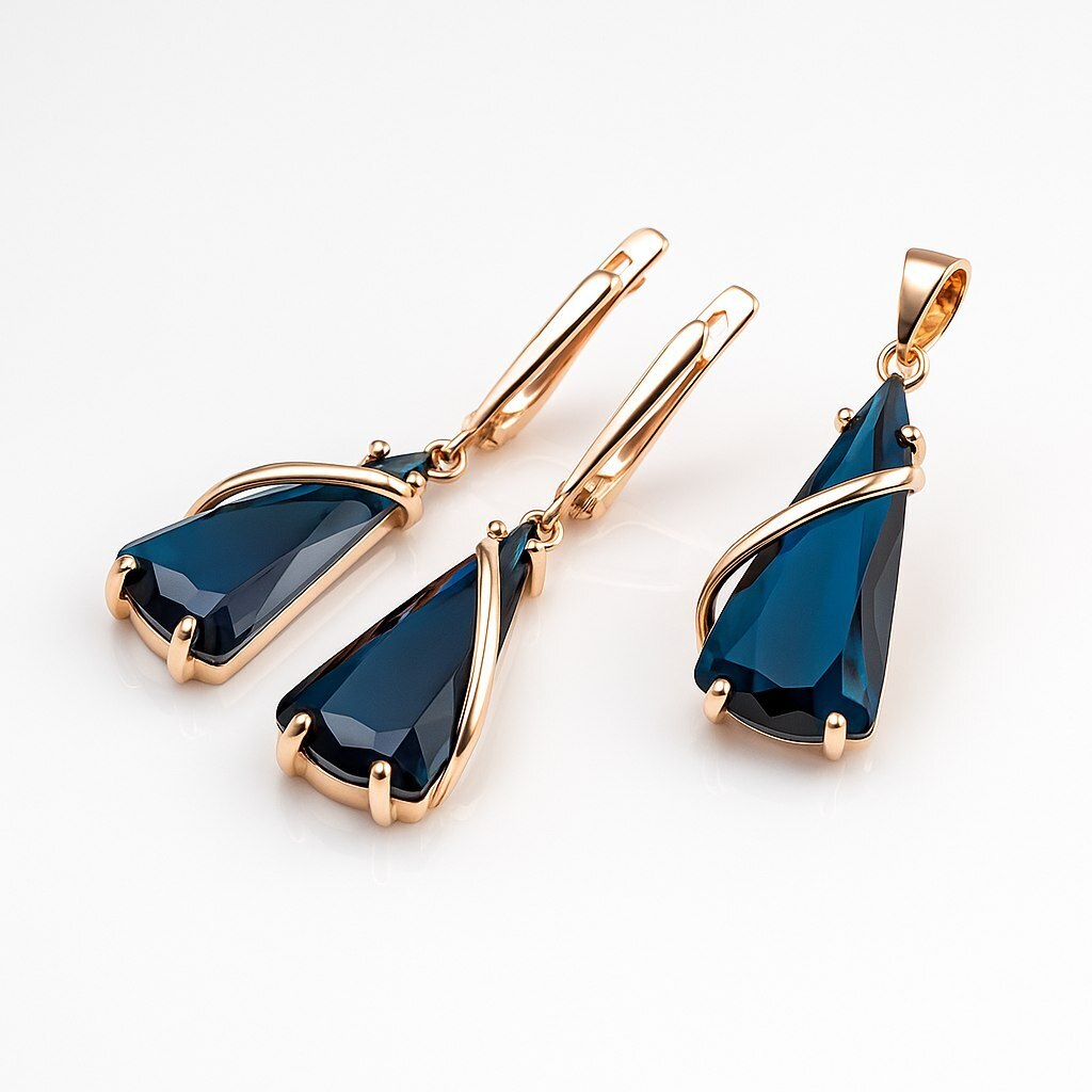 Комплект ювелирной бижутерии коллекция Дубай серьги и кулон покрытие позолота вставка фианиты цвет суровый синий