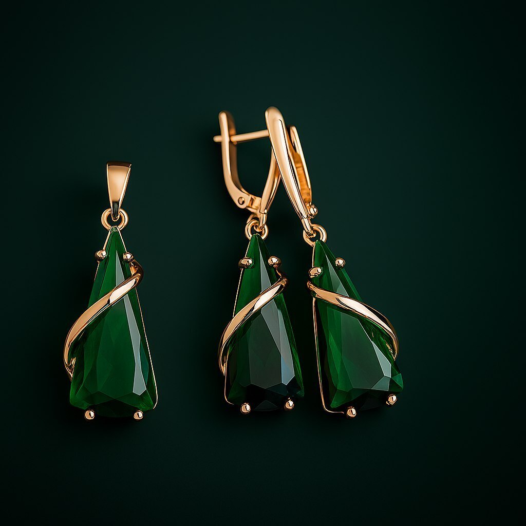 Комплект ювелирной бижутерии коллекция Дубай серьги и кулон покрытие позолота вставка фианиты цвет изумрудный