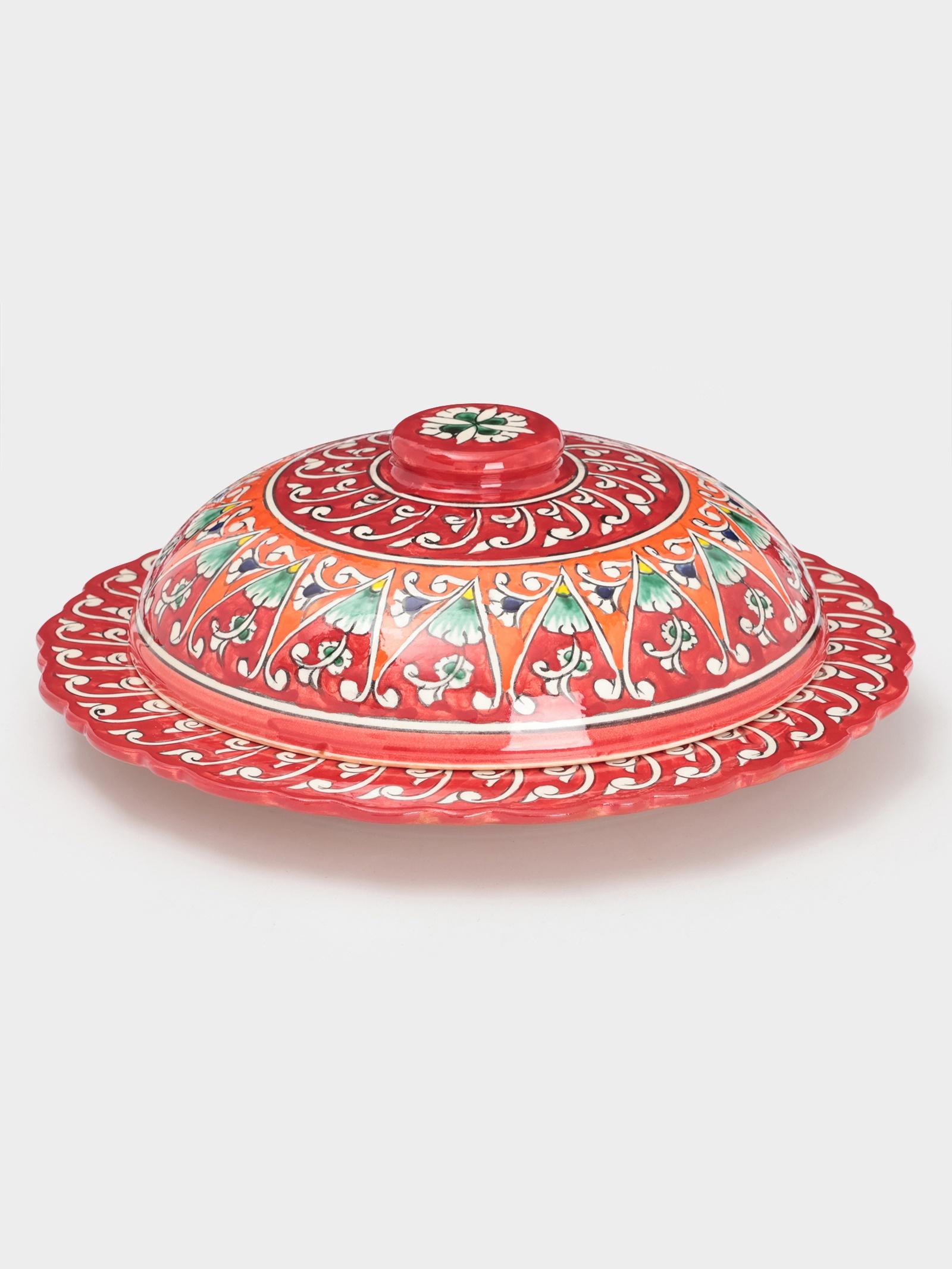 Блинница узбекская Риштанская Керамика «Цветы», d=24 см, керамика, красная
