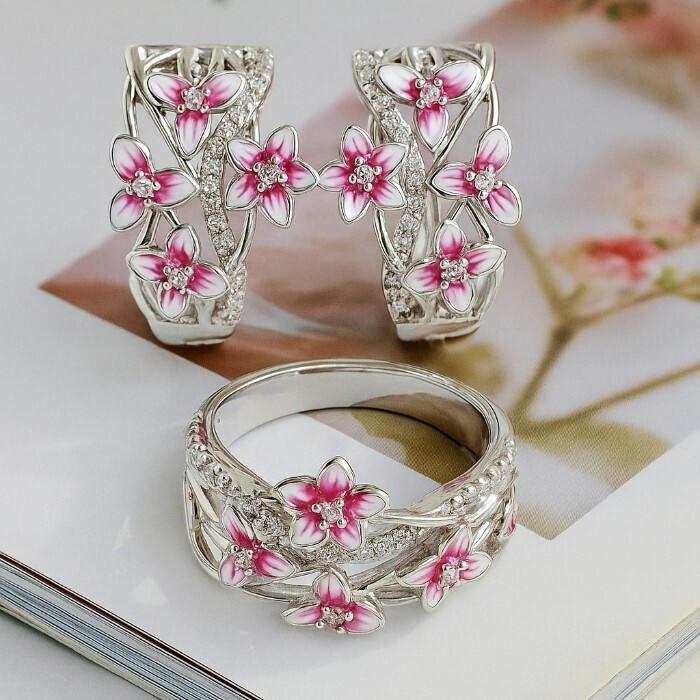 Комплект ювелирной бижутерии коллекция Дубай серьги и кольцо 17 р покрытие посеребрение вставка эмаль и цирконы цвет белый розовый и прозрачный