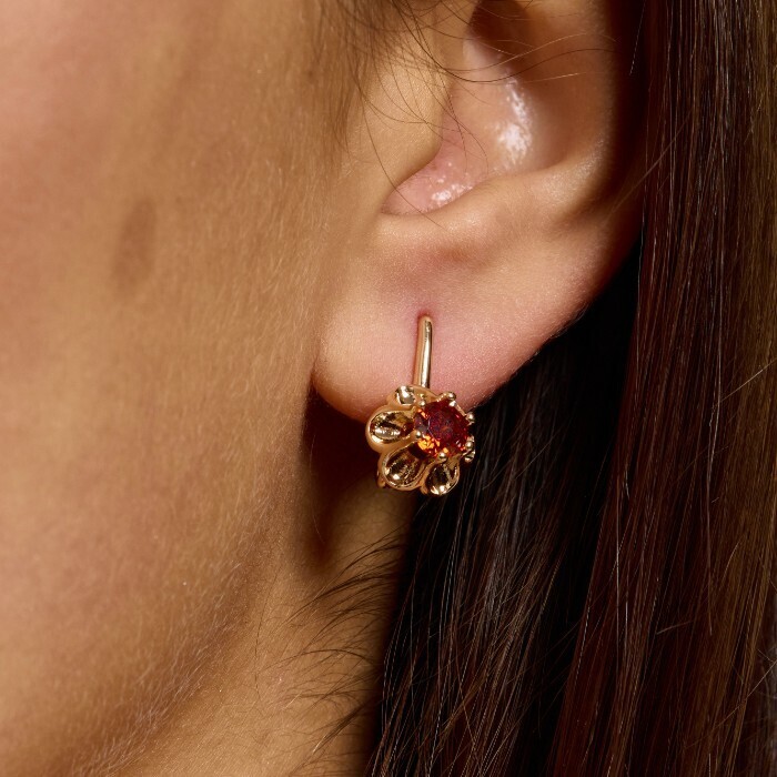 Серьги цветы ювелирная бижутерия коллекция Дубай покрытие позолота вставка фианит цвет оранжево-красный