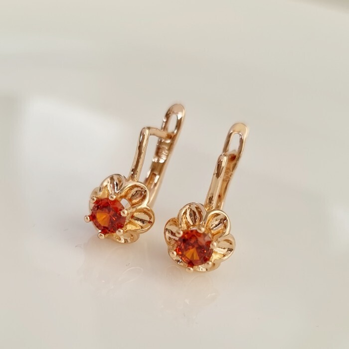 Серьги цветы ювелирная бижутерия коллекция Дубай покрытие позолота вставка фианит цвет оранжево-красный