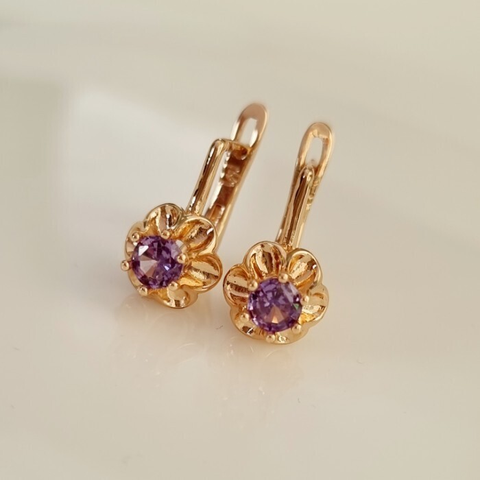 Серьги цветы ювелирная бижутерия коллекция Дубай покрытие позолота вставка фианит цвет фиолетовый