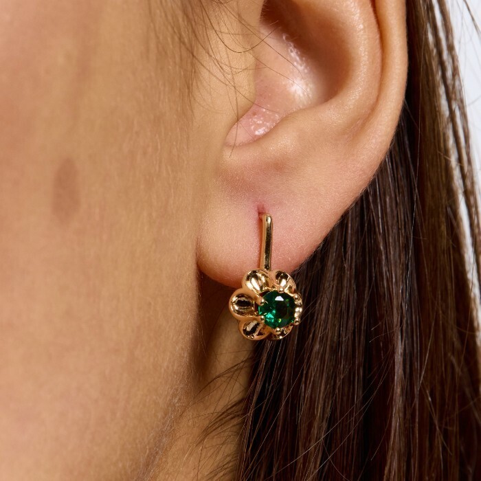 Серьги цветы ювелирная бижутерия коллекция Дубай покрытие позолота вставка фианит цвет изумрудный