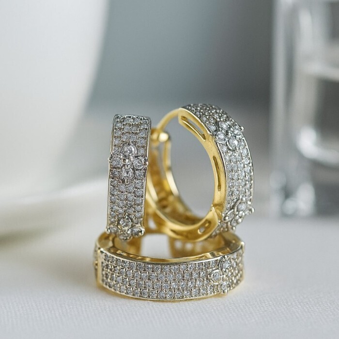 Комплект ювелирной бижутерии Итальянское золото покрытие желтое 14к серьги и кольцо 19 р вставка фианиты цвет прозрачный