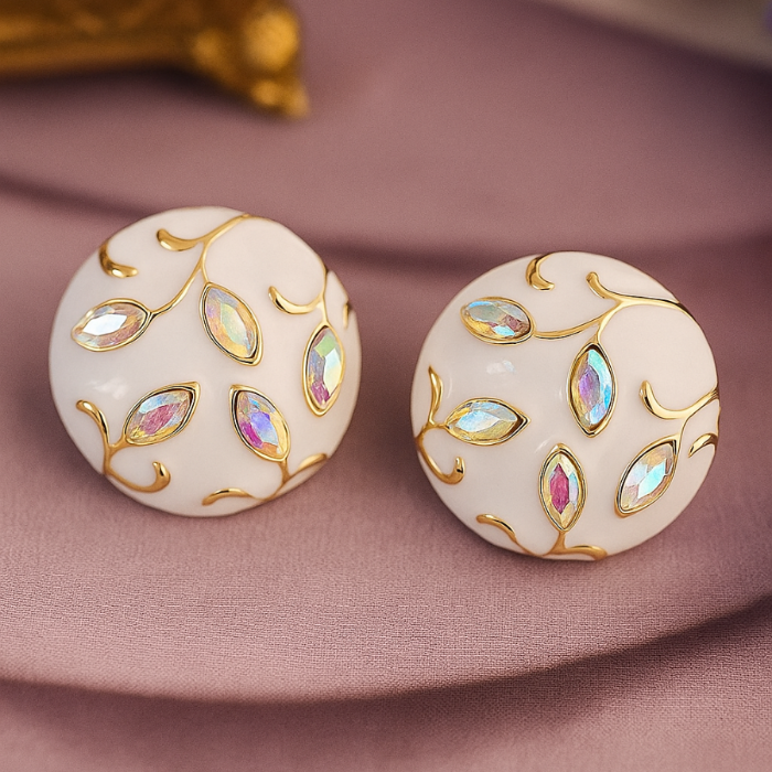 Серьги круглые ювелирная бижутерия Итальянское золото покрытие желтое 14к вставка эмаль и фианиты цвет белый и хамелеон