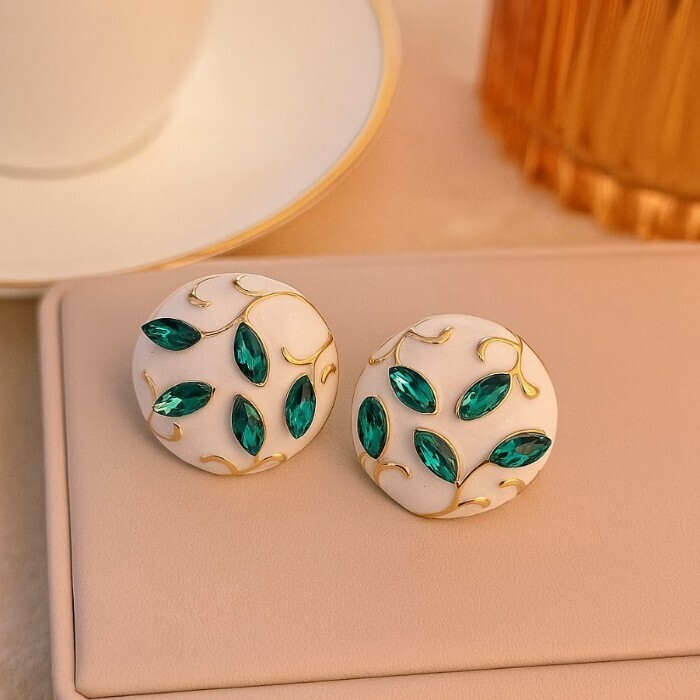 Серьги круглые ювелирная бижутерия Итальянское золото покрытие желтое 14к вставка эмаль и фианиты цвет белый и зеленый