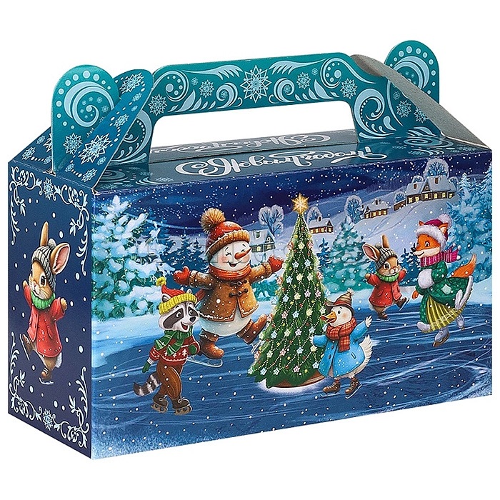 Коробка для конфет Сундучок "Дед Мороз и лесные звери на катке" 500г