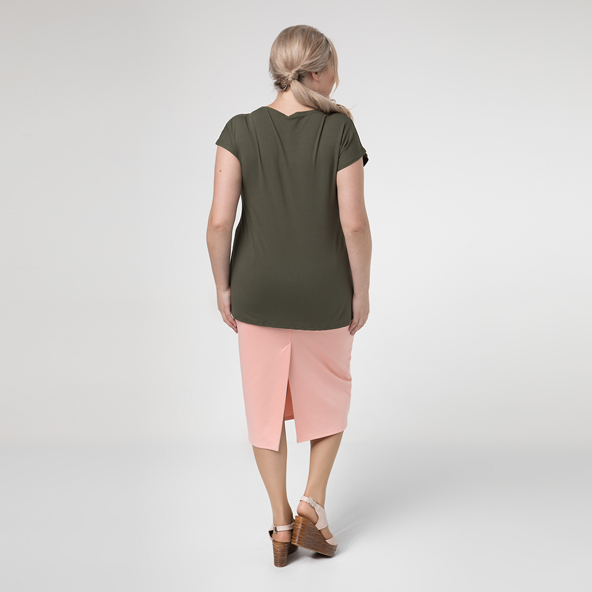 Костюм, трикотаж, туника, юбка, хаки, розовый#1032/007-019-317/Хаки/Розовый