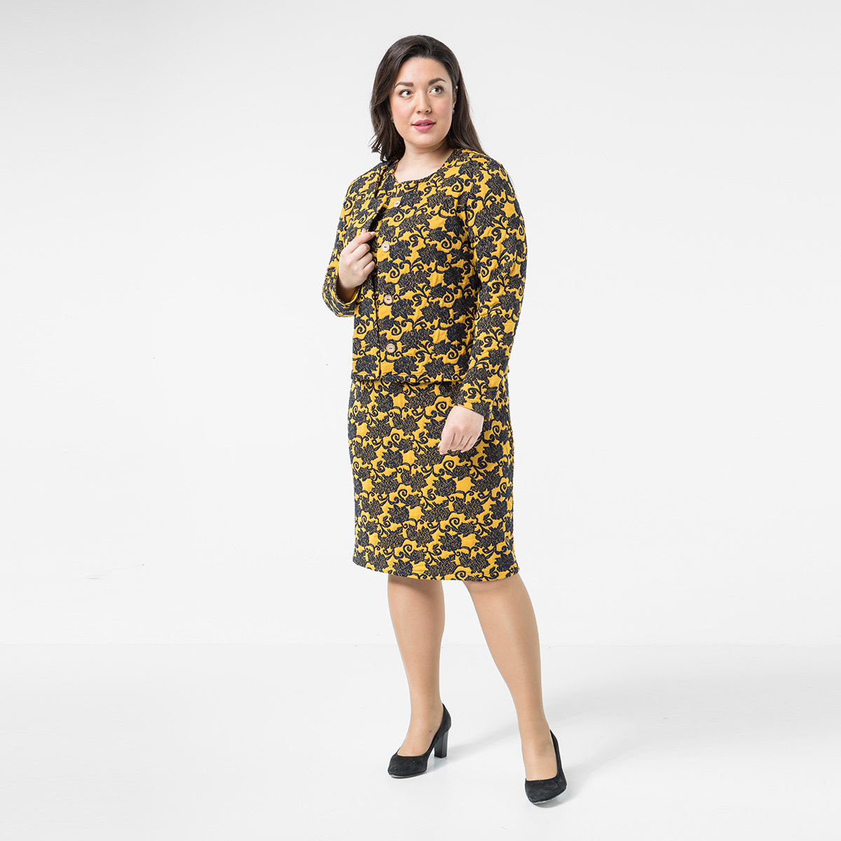 Костюм, трикотаж, жакет, платье, желтый#2021/ 007-088-080/Желтый