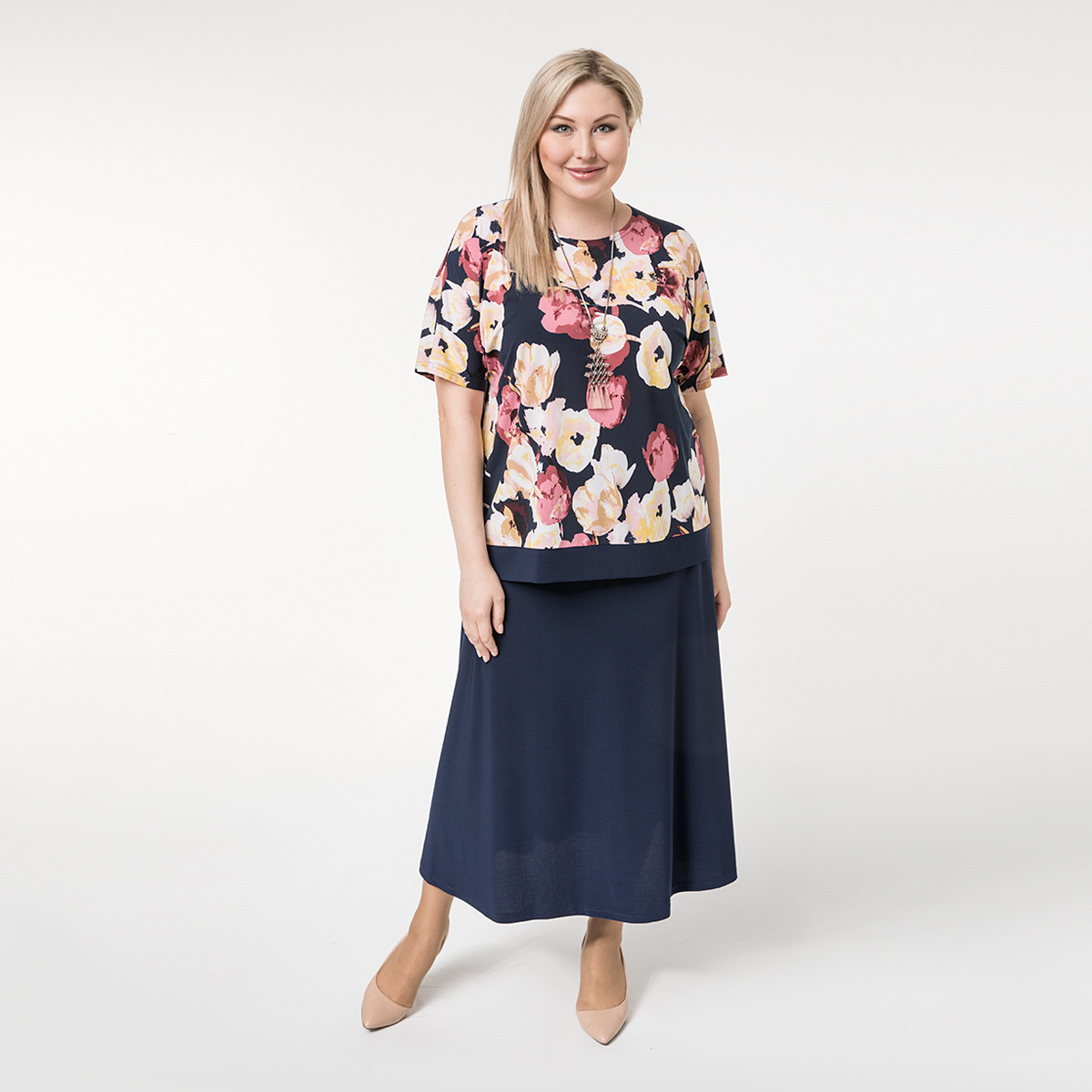 Костюм, трикотаж, блуза, юбка, синий#2070/007-016-645/Синий