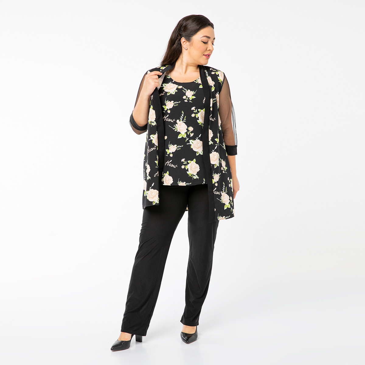 Костюм, текстиль, кардиган, блуза, брюки, черный, белый#2223/009-019-134/Черный/Белый