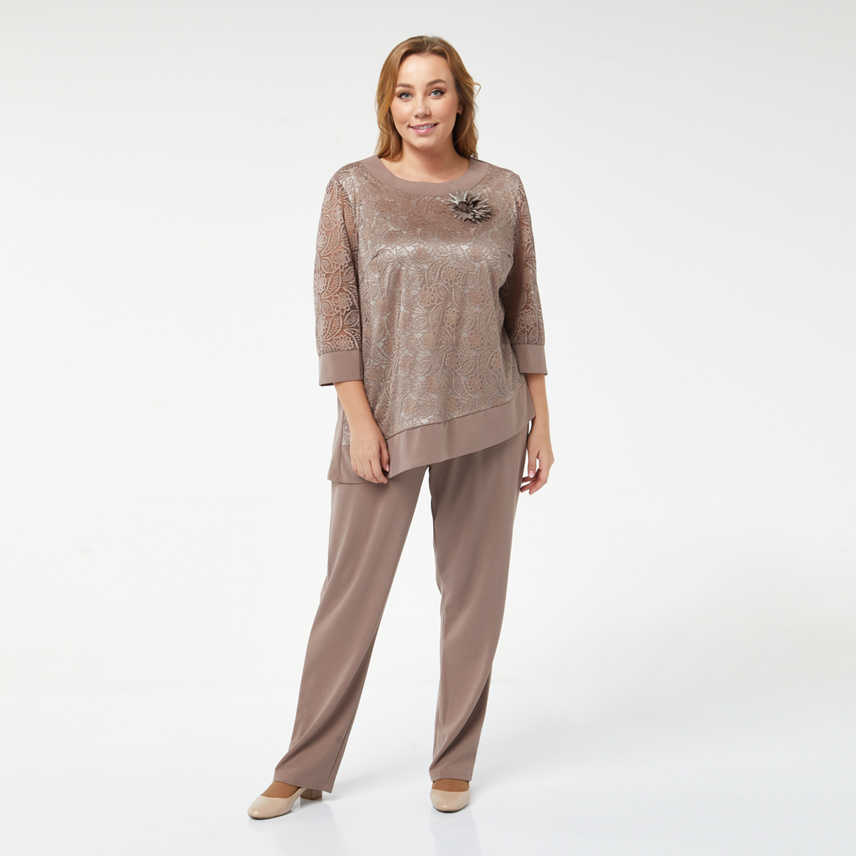 Костюм, блуза, брошь, брюки, кофейный#560/009-022-747/Кофейный