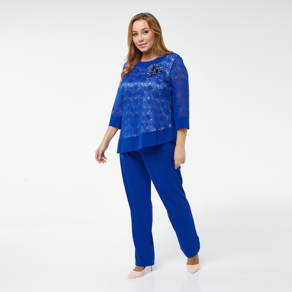 Костюм, блуза, брошь, брюки, синий#560/009-022-747/Синий