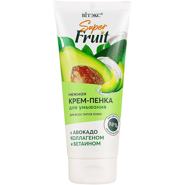 Super FRUIT НЕЖНАЯ КРЕМ- ПЕНКА для умывания с авокадо, коллагеном и бетаином, 200мл./15