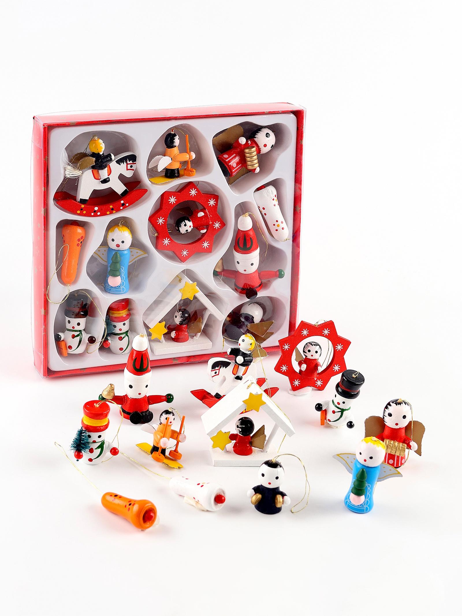 Ёлочные игрушки в подарочной коробке, деревянные, набор 12 шт.