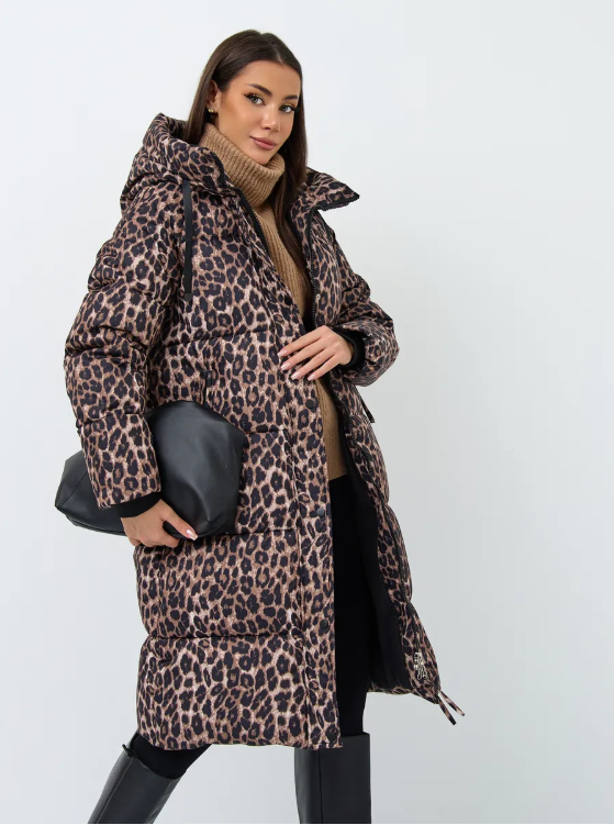 24-801 BROWN/LEOPARD Пальто зимнее женское (200 гр. холлофайбер)