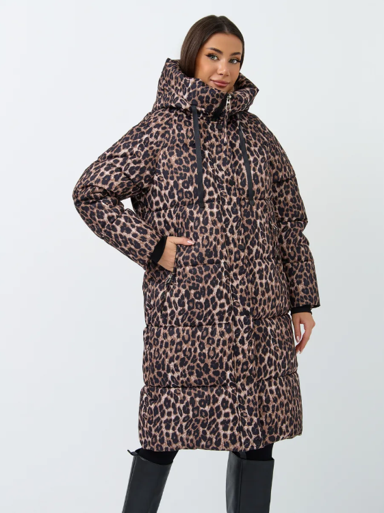 24-801 BROWN/LEOPARD Пальто зимнее женское (200 гр. холлофайбер)