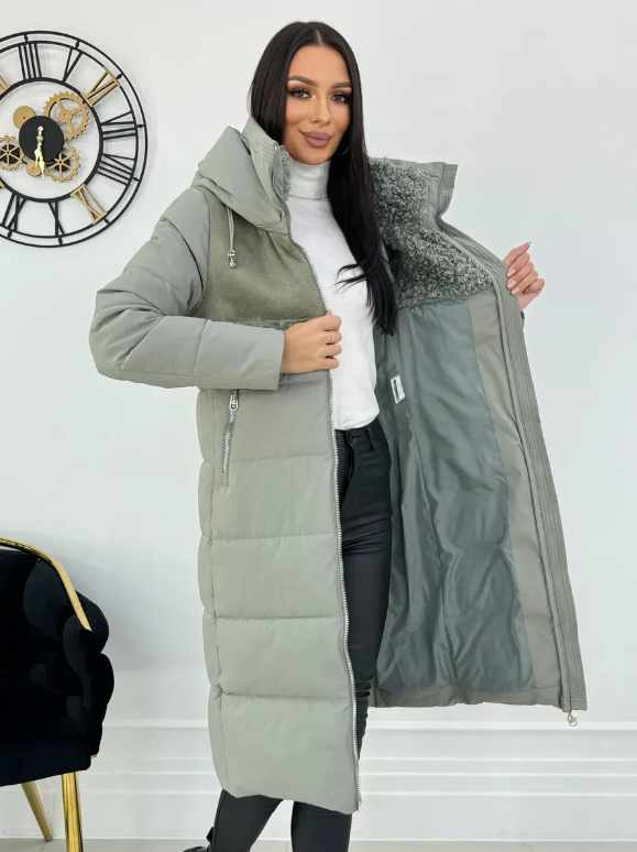 23-636 OLIVE Пальто зимнее женское (холлоффайбер 150 гр., искусственная дубленка)