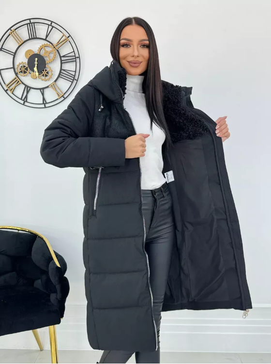 23-636 BLACK Пальто зимнее женское (холлофайбер 150 гр., искусственная дубленка)