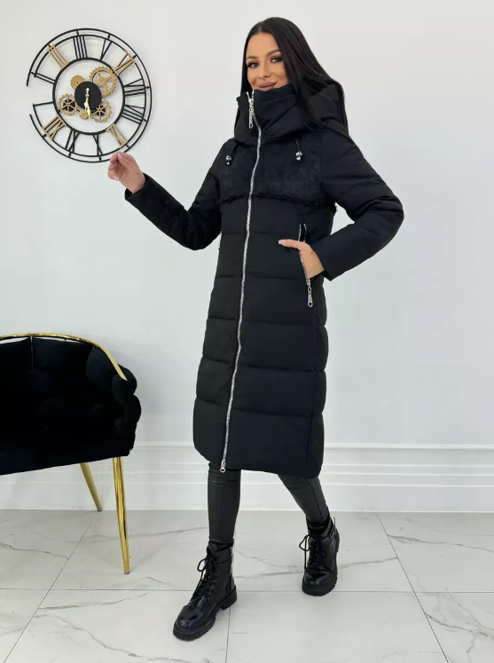 23-636 BLACK Пальто зимнее женское (холлофайбер 150 гр., искусственная дубленка)