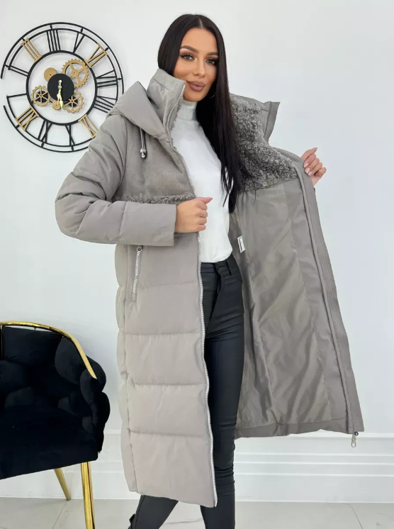 23-636 GRAY/BEIGE Пальто зимнее женское (холлоффайбер 150 гр., искусственная дубленка)