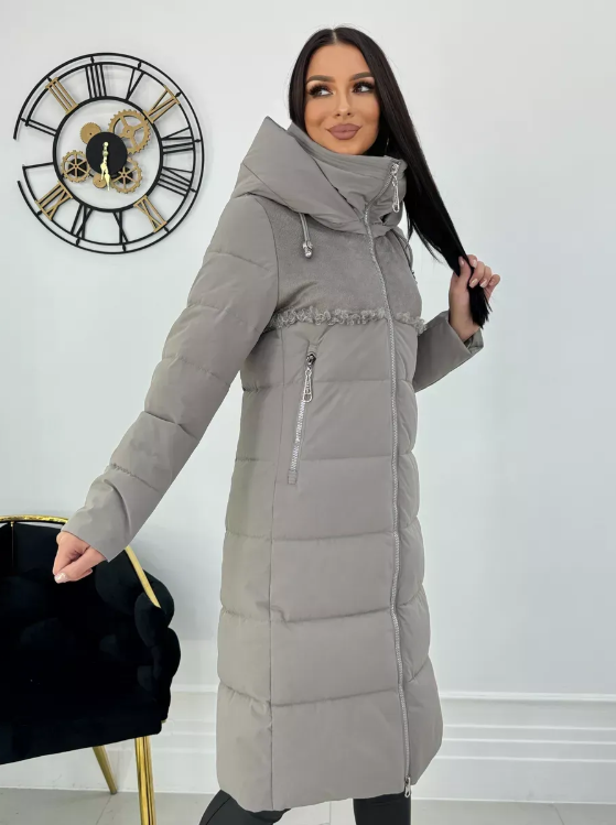 23-636 GRAY/BEIGE Пальто зимнее женское (холлоффайбер 150 гр., искусственная дубленка)