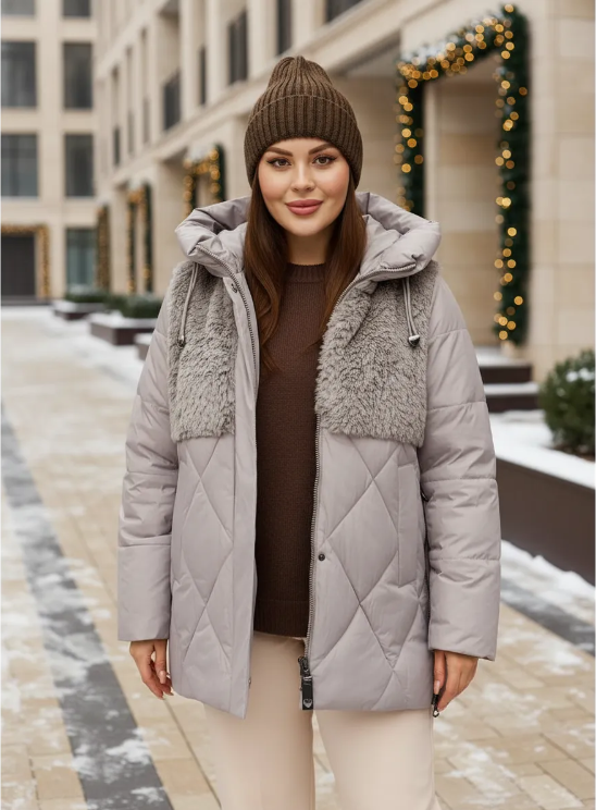 M-8800 GRAY/BEIGE Куртка зимняя стеганная женская (150 гр. холлофайбер)