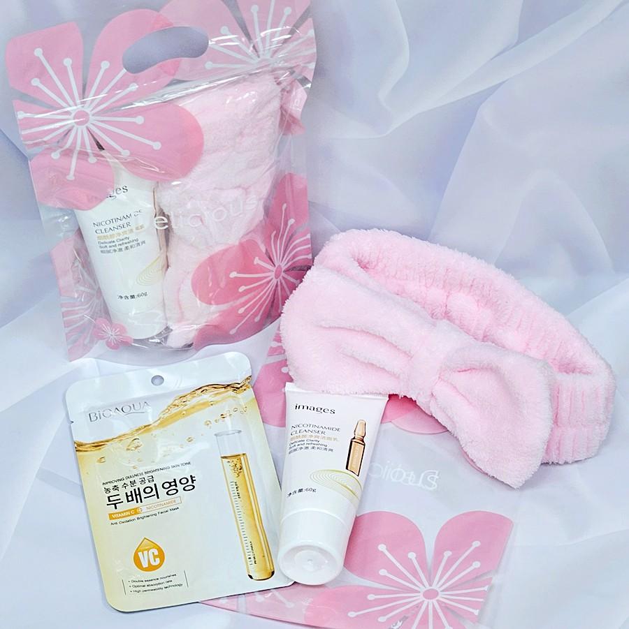 Подарочный набор в zip-пакете "Розовые Цветы" (Пенка + Маска + Повязка)