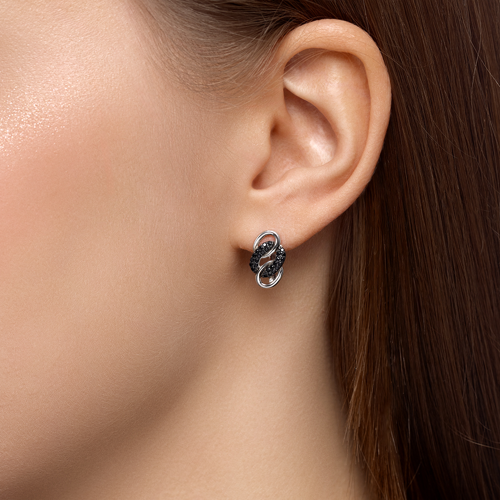 2013 Серьги с фианитом "черный" родированные серебро 925*