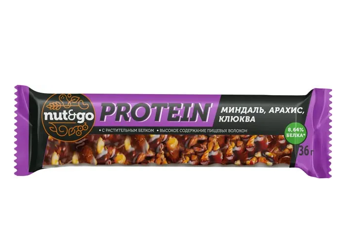 8.64% белка «Nut&Go», батончик Protein миндаль, арахис, клюква, 36 г
