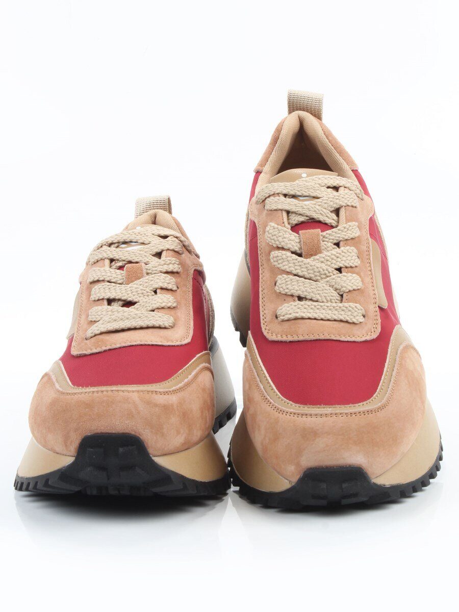 04-PDJ96-3 BEIGE/RED Кроссовки демисезонные женские (натуральная замша, натуральная кожа, текстиль)