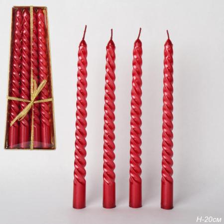 Свеча стержень 4 штуки 20 см витая глянец / MG-103 /уп 144/ красная