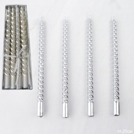 Свеча стержень 4 штуки 20 см витая глянец / MG-102 /уп 144/ серебрянная