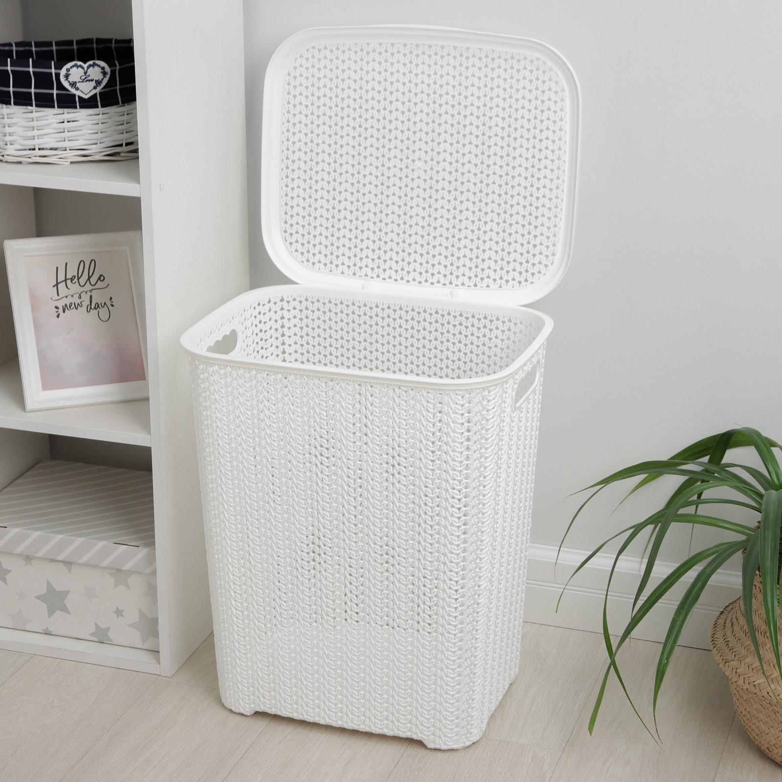 Корзина бельевая «Вязь», 60 л, 44×36×52 см, с крышкой, белая