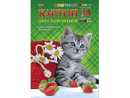 НАБОР КАРТОНА ЦВЕТНОЙ ДВУХСТОРОННИЙ 10Л 10 ЦВ. А4Ф В ПАПКЕ-КОТЕНОК С КЛУБНИЧКОЙ