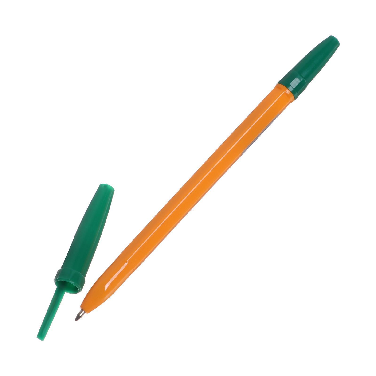 Ручка шариковая 0,7 мм, зеленая, корпус оранжевый с зеленым колпачком ФАСОВКА ПО 5 шт.