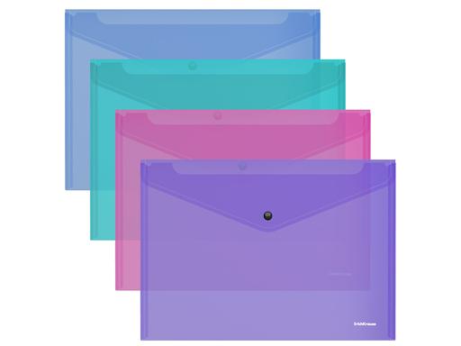 Папка-конверт на кнопке пластиковая ErichKrause Glossy Vivid, полупрозрачная, A4, ассорти 50314
