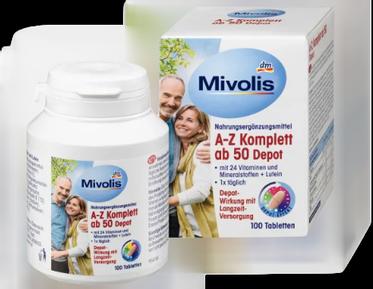 Mivolis A-Z Komplett ab 50 Tabletten Дас Гезунде Плюс, Комплексные витамины против старения От А до Z Komplett, для людей старше 50 лет, 100 шт