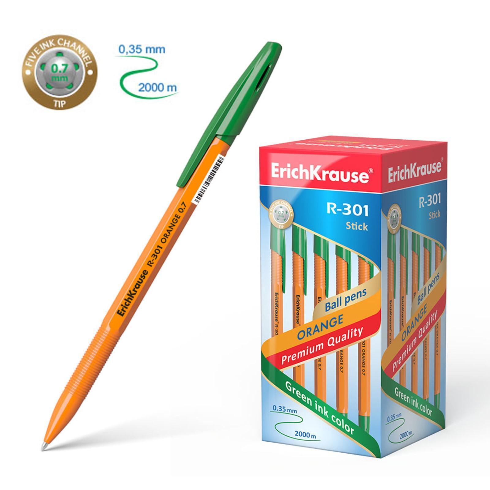 Ручка шариковая ErichKrause R-301 Orange Stick, узел 0.7 мм, чернила зелёные, длина линии письма 2000 метров, штрихкод на ручке ФАСОВКА ПО 5 шт.